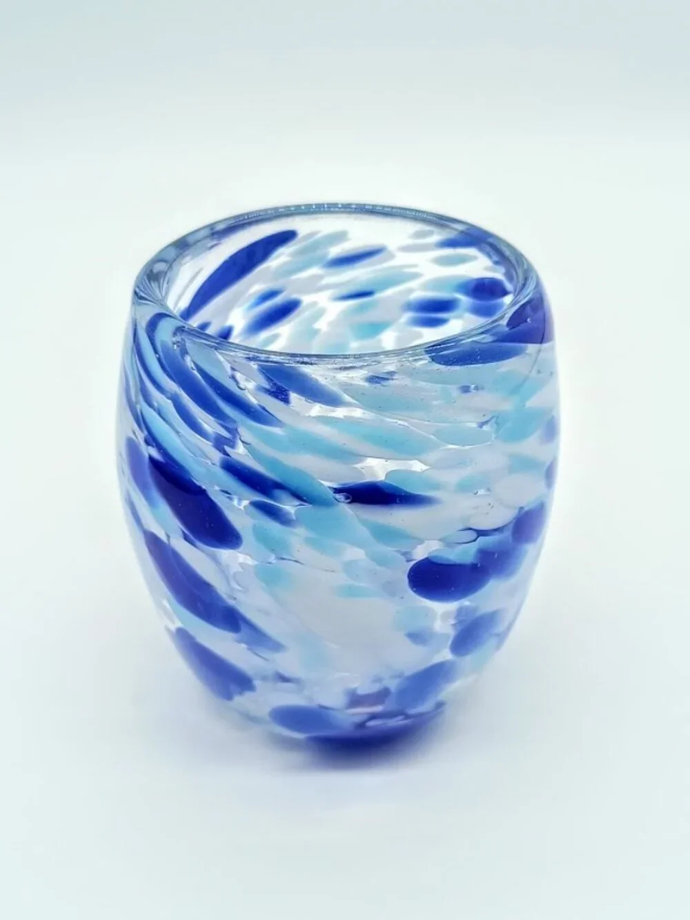 Blue White Artisan Glass Votive Candle Holder - Signed